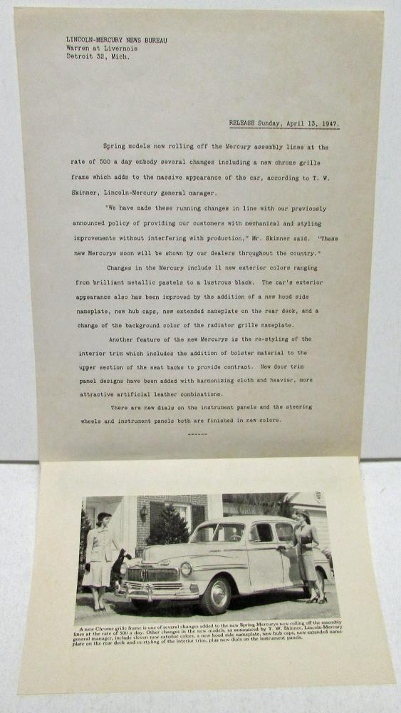 1947 Mercury Spring Models Press Release New Chrome Grill & Other Features
