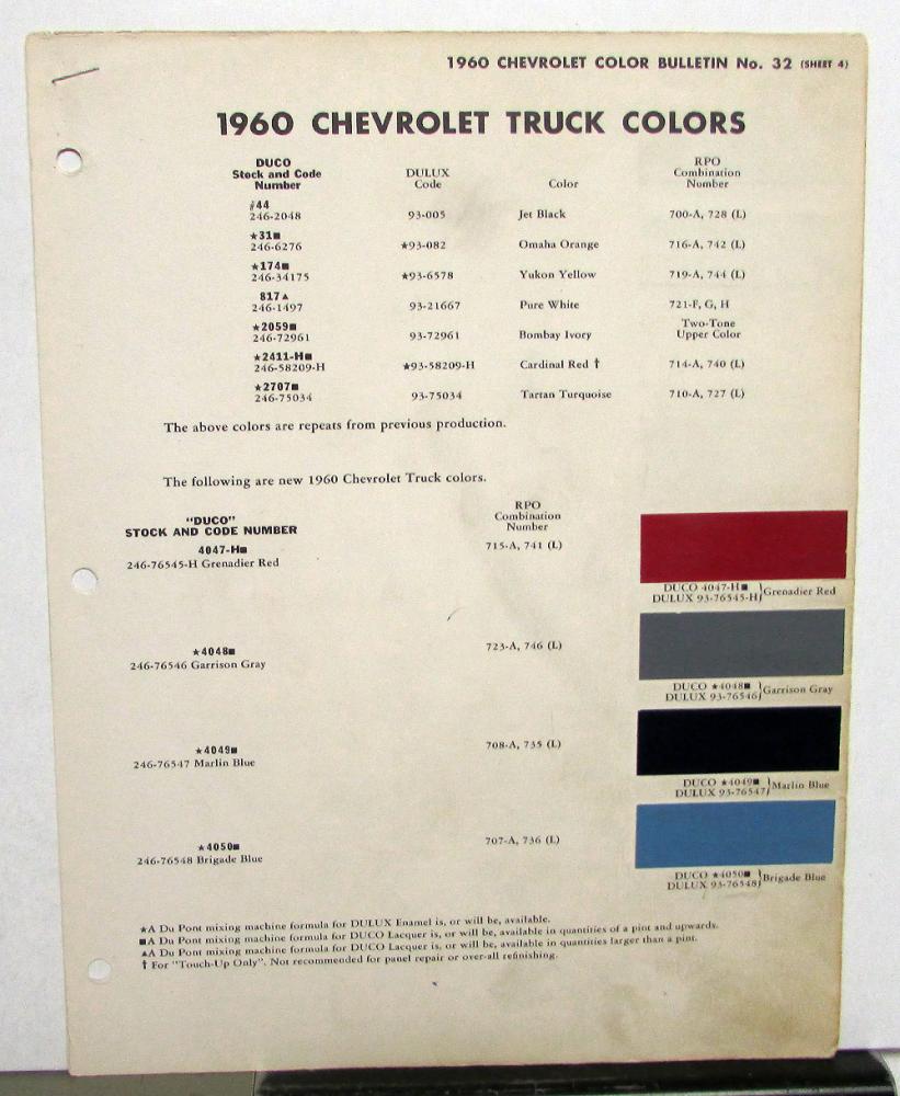 1960 Chevrolet Truck Color Paint Chips Leaflets