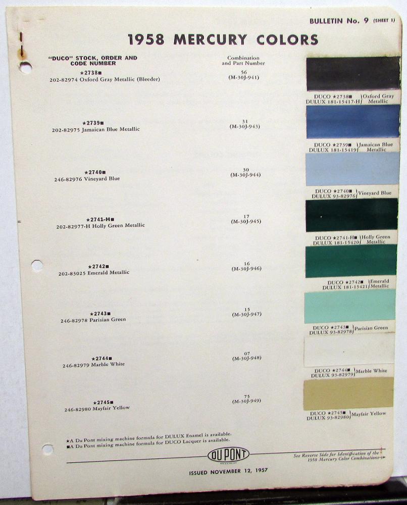 1958 Mercury Color Paint Chips DuPont Leaflets Original