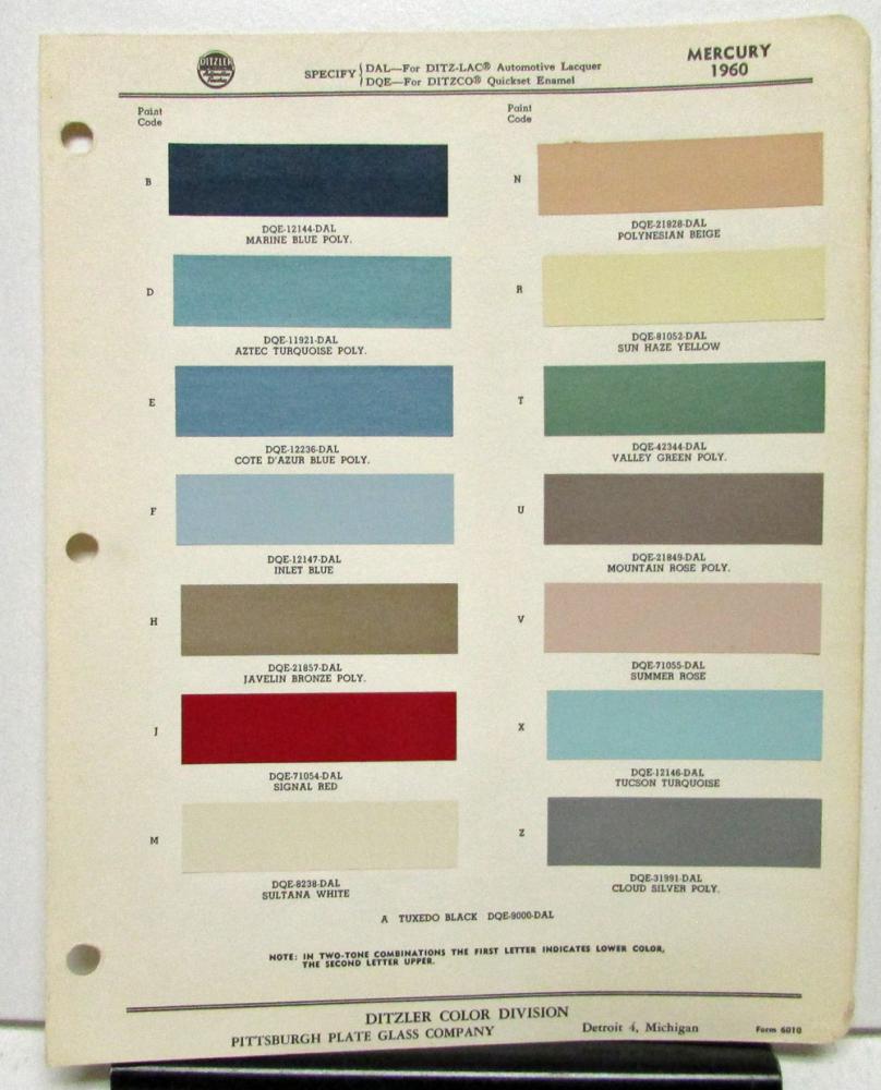 1960 Mercury Color Paint Chips Leaflet Ditzler Original