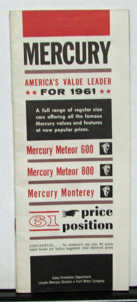 1961 Mercury Meteor 600 800 Monterey Dealer Sales Brochure Features Prices