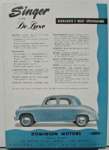 1950s Singer Motors One One Half Litre DeLuxe Car  AUSTRALIA Sales Ad Sheet Orig