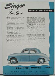 1950s Singer Motors One One Half Litre DeLuxe Car  AUSTRALIA Sales Ad Sheet Orig