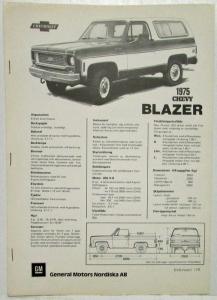 1975 Chevrolet Stapled Data Sheets Chevy Blazer Suburban Pick-Up Swedish Text