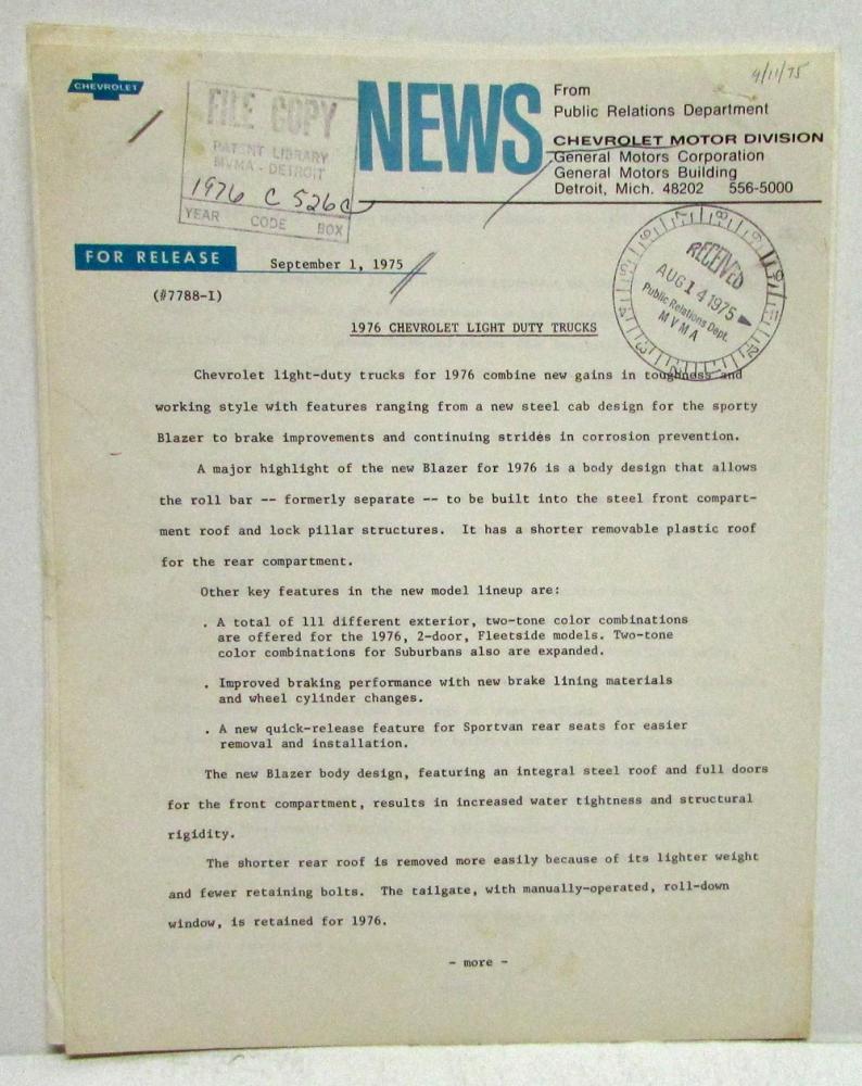 1976 Chevrolet Light Duty Trucks Press Release Sept 1 1975