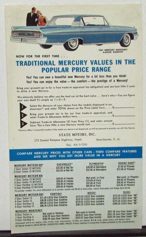 1961 Mercury Meteor & Monterey Dealer Sales Postcard Mailer Values Comparison