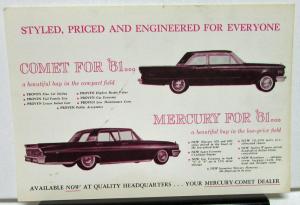 1961 Mercury Comet Dealer Sales Postcard Mailer Value Price Comparison