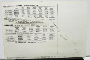 1961 Mercury Comet Dealer Sales Postcard Mailer Value Price Comparison
