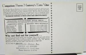 1962 Mercury Monterey Dealer Sales Mailer Postcard Price Comparison Original
