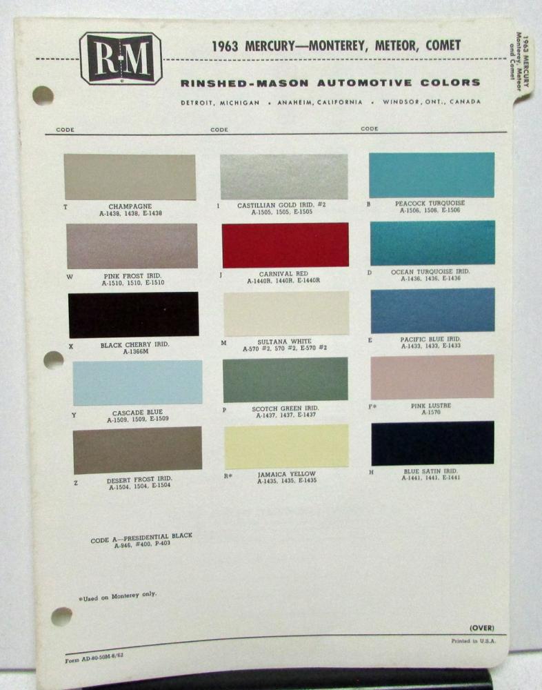 1963 Mercury Color Paint Chips Leaflet RM Original