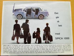 1959 thru 1961 ? SIMCA 1000 Car NORWEGIAN  Sales Data Sheet Color Original