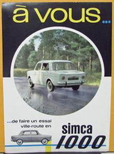 1962 thru 1968 ? SIMCA 1000 Sedan FRENCH Market Sales Sheet Original