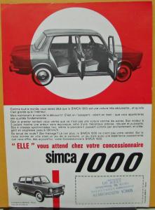 1962 thru 1968 ? SIMCA 1000 Sedan FRENCH Market Sales Sheet Original