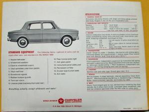 1965 1966 SIMCA 1000 Sedan Chrysler Import Sales Folder Original