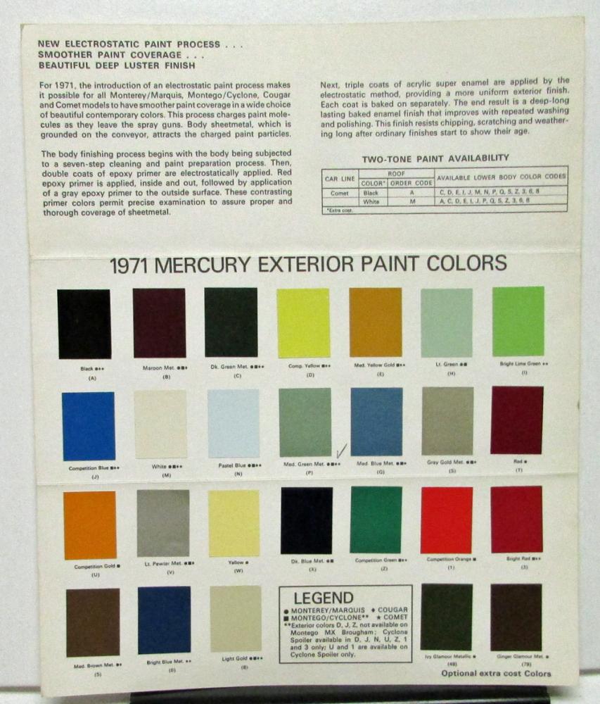 1971 Mercury Color Selections Marquis Monterey Montego Cyclone Cougar Comet