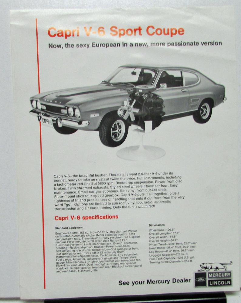 1971 Mercury Dealer Data Sheet Sales Capri V-6 Sport Coupe