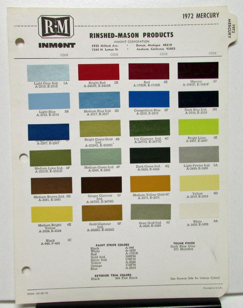 1972 Mercury Color Paint Chips Leaflet RM Original