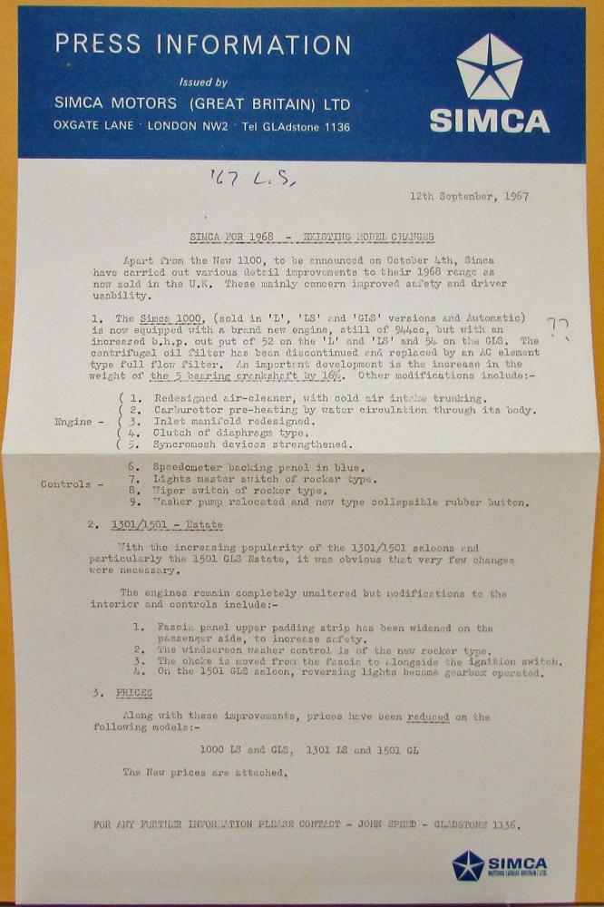 1968 SIMCA Press Info Sheet Existing Model Changes Original Great Britain