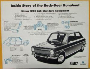1969 SIMCA 1204 Runabout Chrysler Import Sales Data Sheet Original