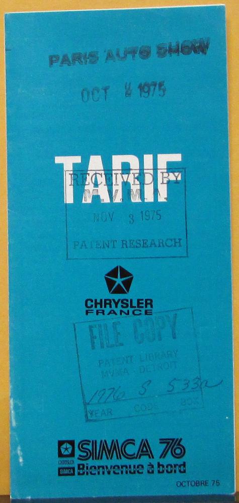 1976 Simca Chrysler France TARIF Sales Folder Price List Original