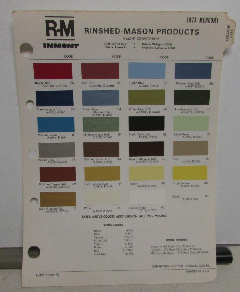 1973 Mercury Color Paint Chips Leaflet RM Original