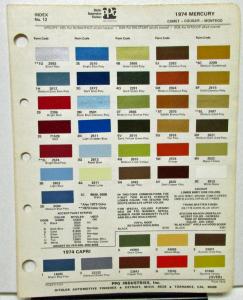 1974 Mercury Color Paint Chips Leaflet Ditzler PPG Comet Cougar Montego