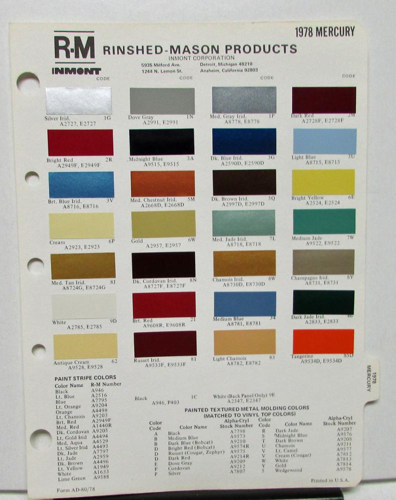 1978 Mercury Color Paint Chips Leaflet RM Original