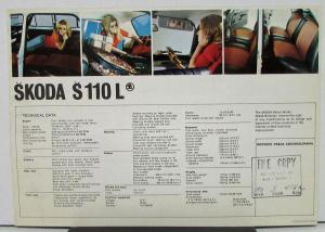 1971 1972 Skoda S 110 L English Text UK Market Color Sales Data Sheet Original