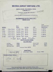 1974 1975 Skoda Great Britain Price List S100 L S110L LS R Models Original Sheet