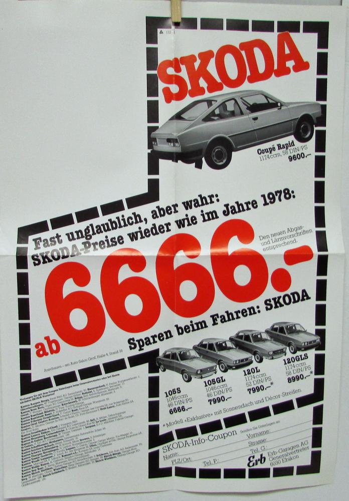 1978 Skoda 105S GL 120L GLS Coupe Rapid Models Sales Folder GERMAN Text Original