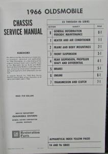 1966 Oldsmobile Service Manual Cutlass 442 Jetstar Starfire Dynamic Delta 88 98