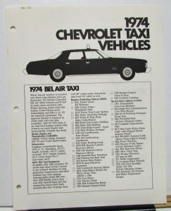 1974 Chevrolet Dealer Data Sheet Taxi Vehicles Bel Air Nova Cab Fleet Features
