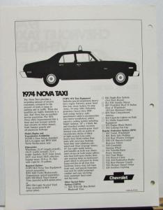 1974 Chevrolet Dealer Data Sheet Taxi Vehicles Bel Air Nova Cab Fleet Features