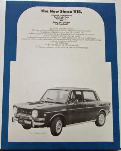1969 SIMCA 1118 4 Door Sedan Sales Data Sheet Original Chrysler