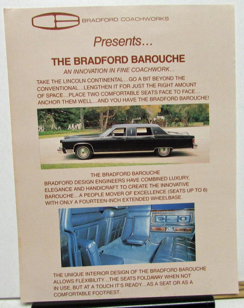 1978-79 Bradford Barouche Custom Coach Lincoln Continental Limousine Data Sheet