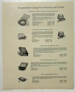 1926 Ford Transmission Linings and Brakes Data Sheet