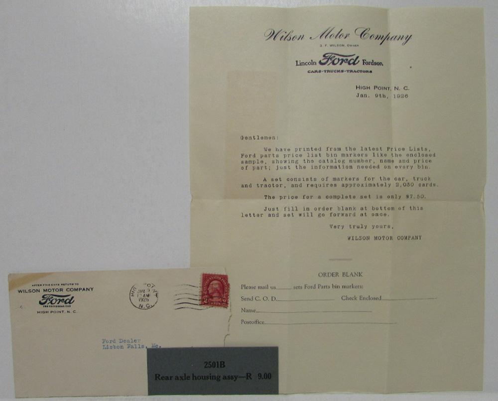 1926 Ford Letter-Order Form for Bin Markers with Envelope and Sample
