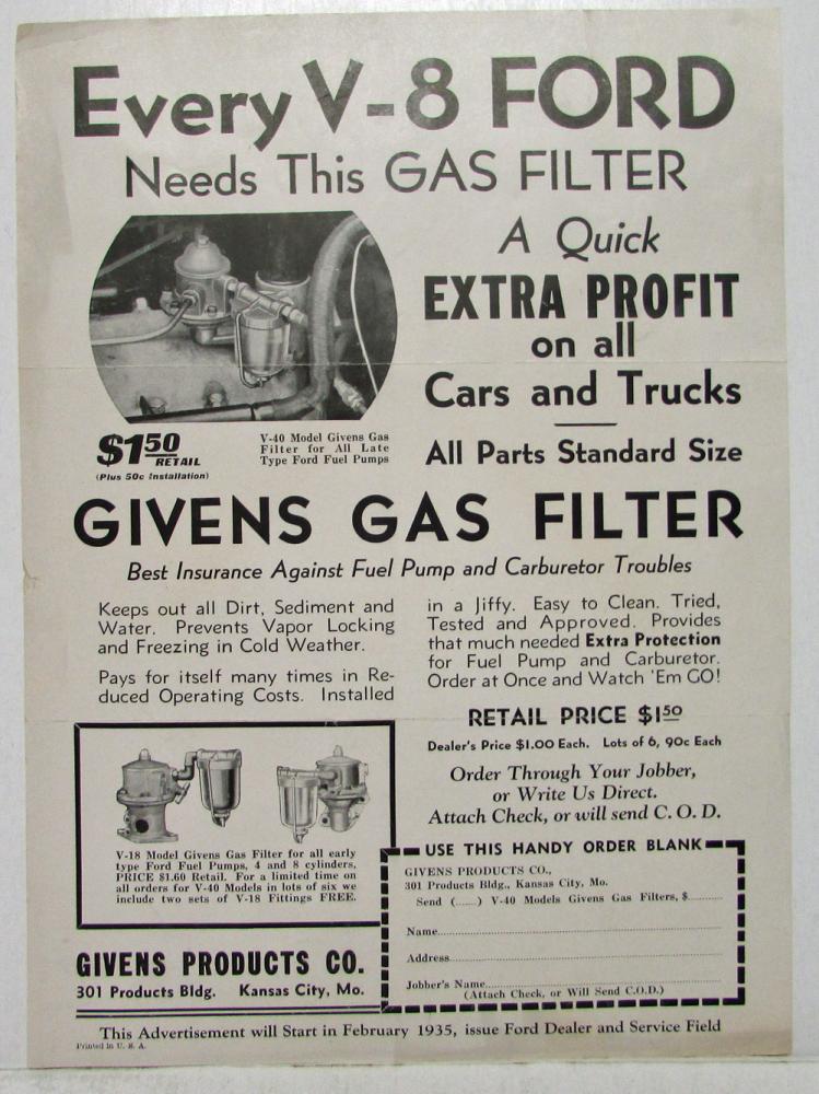 1935 Givens Gas Filter for Ford V-8 Ad Slick