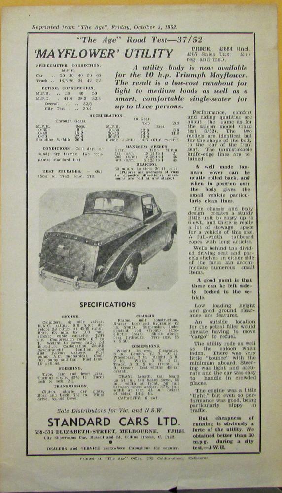 1952 Standard Mayflower Utility Car Australian The Age Road Test Original