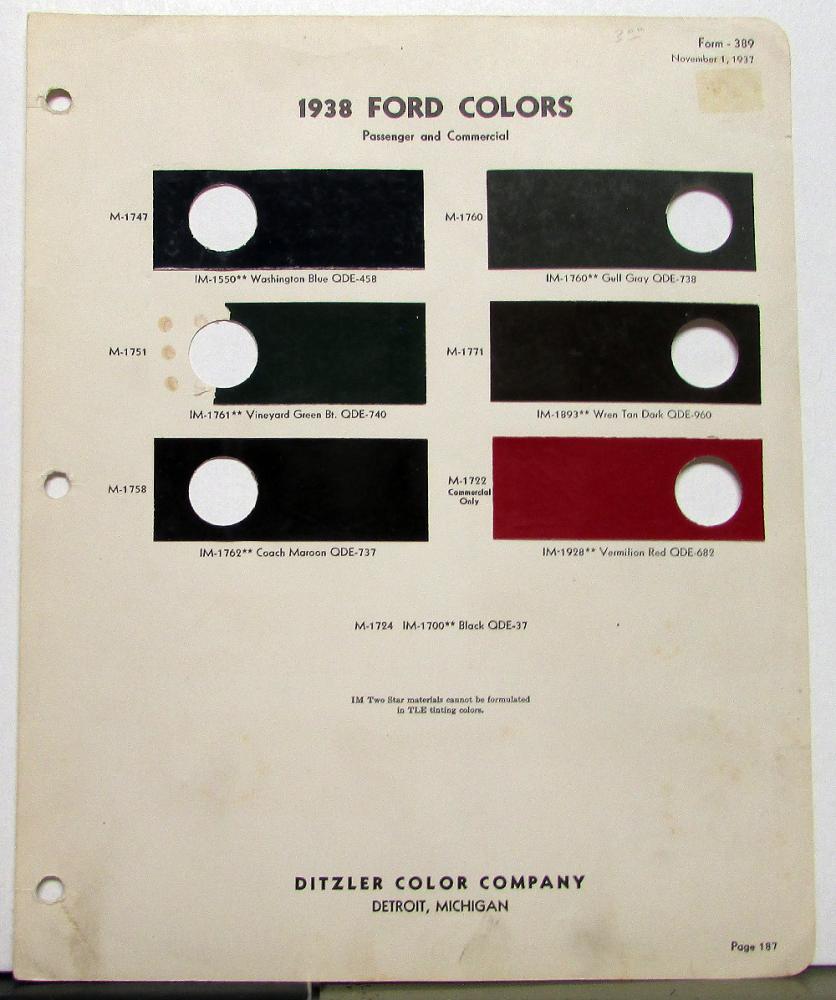 1938 Ford Color Paint Chips Leaflet Ditzler