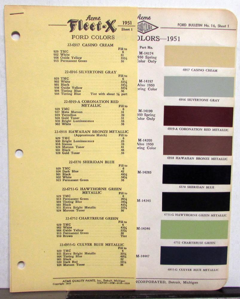 1951 Ford Color Paint Chips By Acme Fleet-X