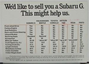 1972 Subaru G Sales Card Comparison VW Toyota Datsun Vega Pinto Original