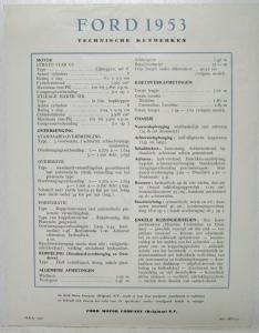 1953 Ford Spec Sheet for Belgiun Market Dutch Text