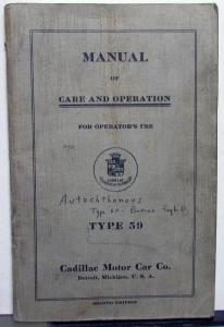 1921 Cadillac Type 59 Owners Manual Original Care & Operation Instructions Orig