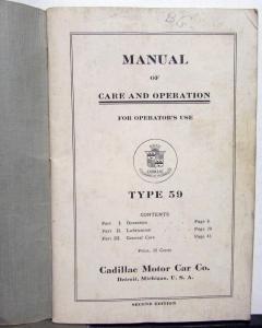 1921 Cadillac Type 59 Owners Manual Original Care & Operation Instructions Orig