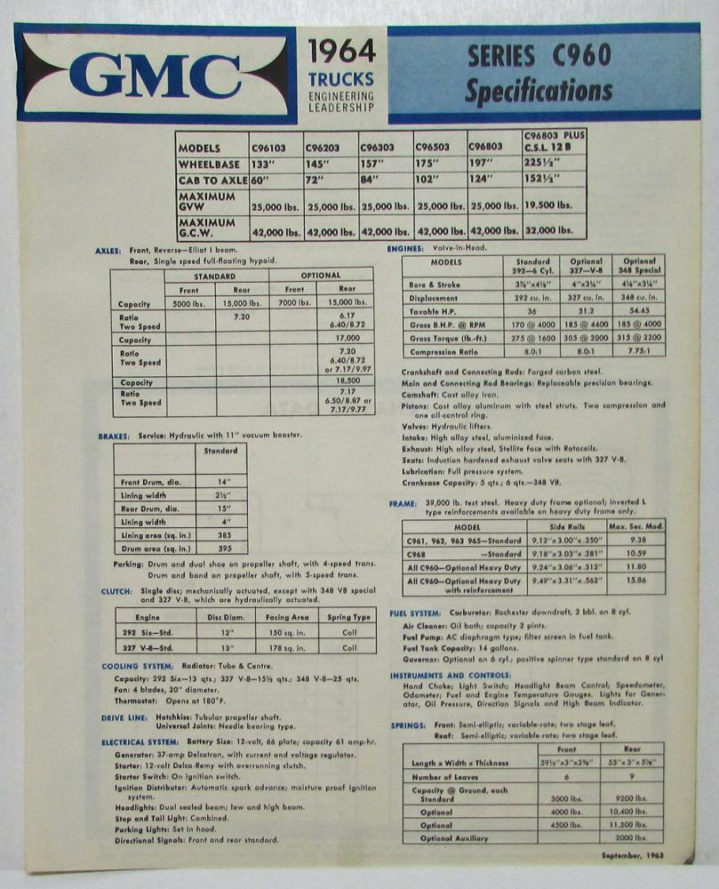 1964 GMC Truck C960 Series Specifications Data Folder Sales Brochure Original