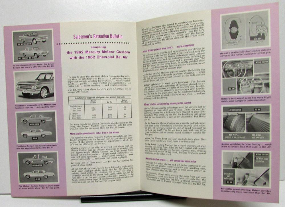 1962 Mercury Meteor Custom vs Chevy Bel Air Dealer Salesmen's Retention Bulletin