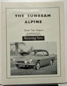 1961 Sunbeam Alpine Motoring News Road Test Reprint Sales Folder Original