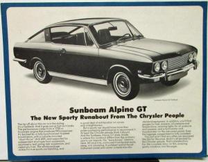 1973 Sunbeam Alpine GT Fastback Sales Data Sheet Original