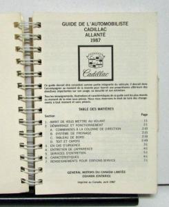 1987 Cadillac Allante Owners Operator Manual French Text Original
